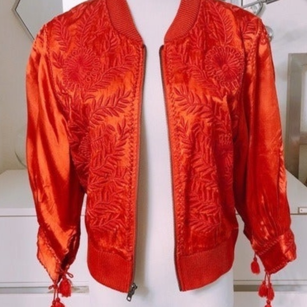Red silk/satin Free People bomber